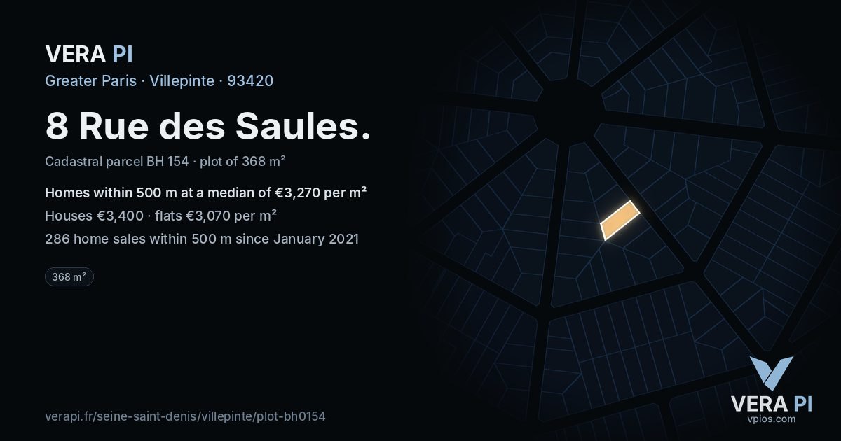 8 Rue des Saules, Villepinte at night – the plot lit, the parcels around coloured by the prices near them