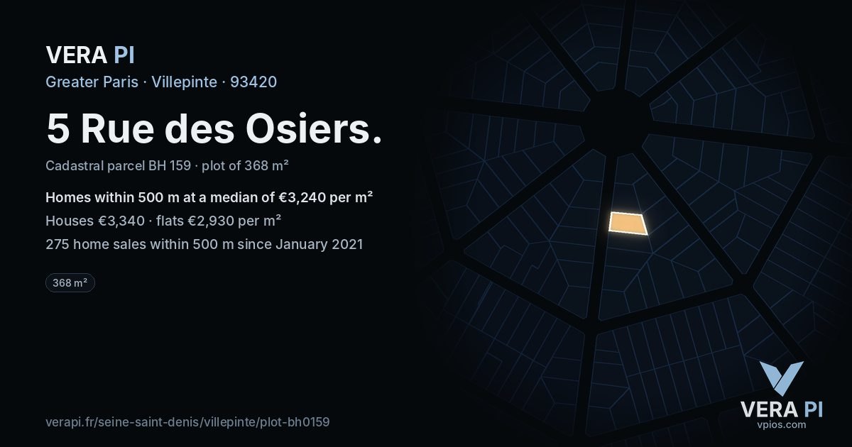 5 Rue des Osiers, Villepinte at night – the plot lit, the parcels around coloured by the prices near them
