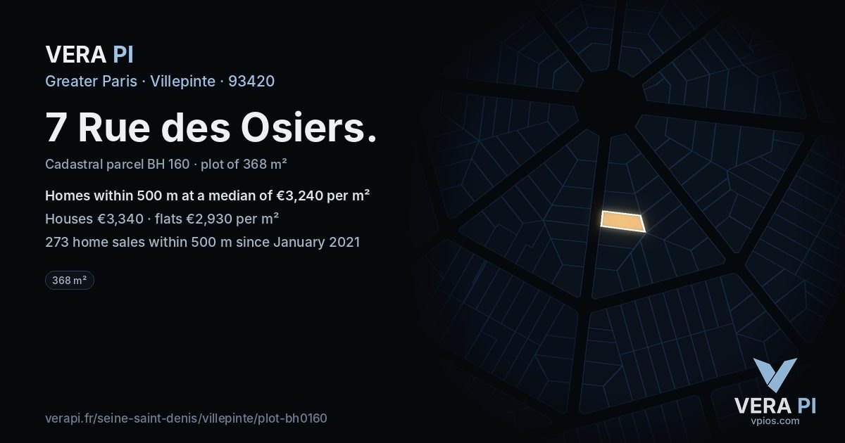 7 Rue des Osiers, Villepinte at night – the plot lit, the parcels around coloured by the prices near them