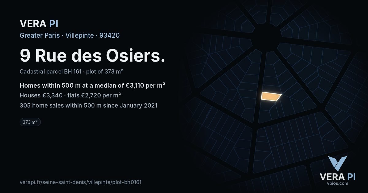 9 Rue des Osiers, Villepinte at night – the plot lit, the parcels around coloured by the prices near them