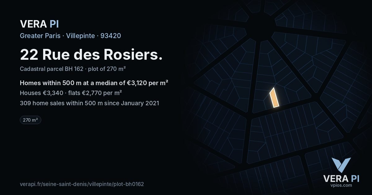 22 Rue des Rosiers, Villepinte at night – the plot lit, the parcels around coloured by the prices near them