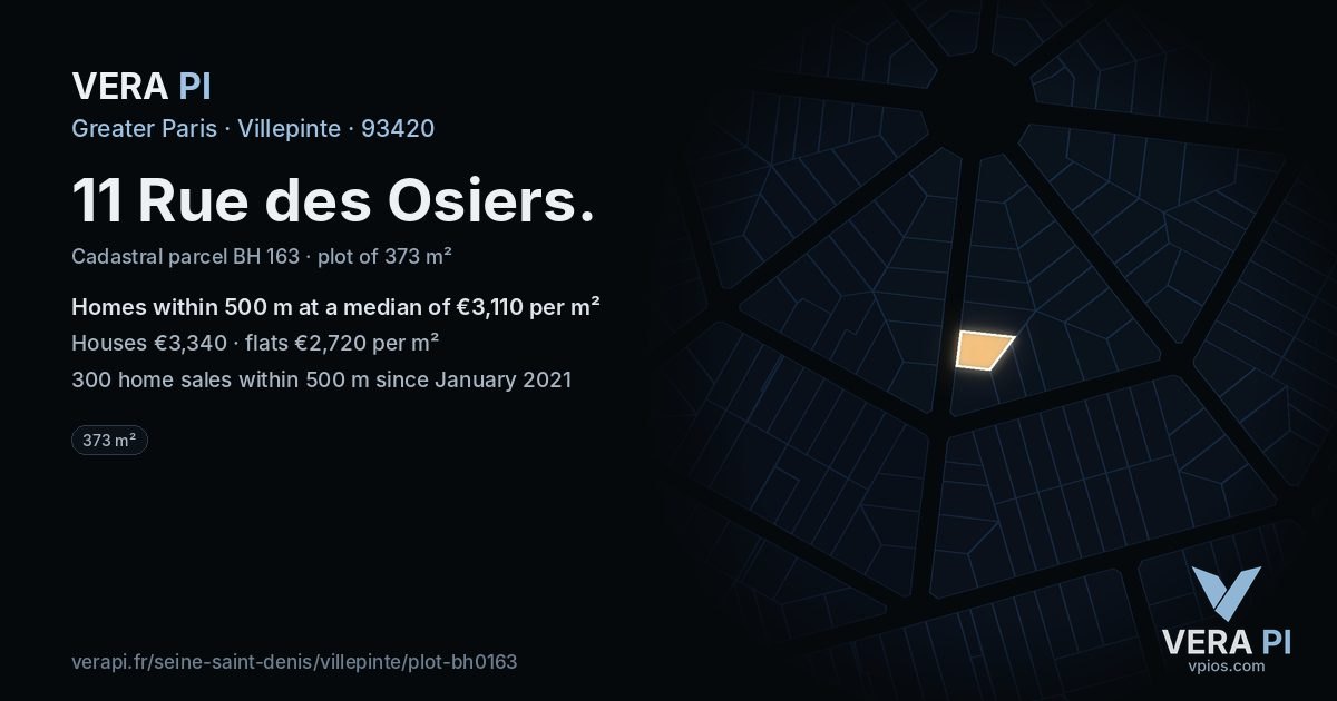 11 Rue des Osiers, Villepinte at night – the plot lit, the parcels around coloured by the prices near them