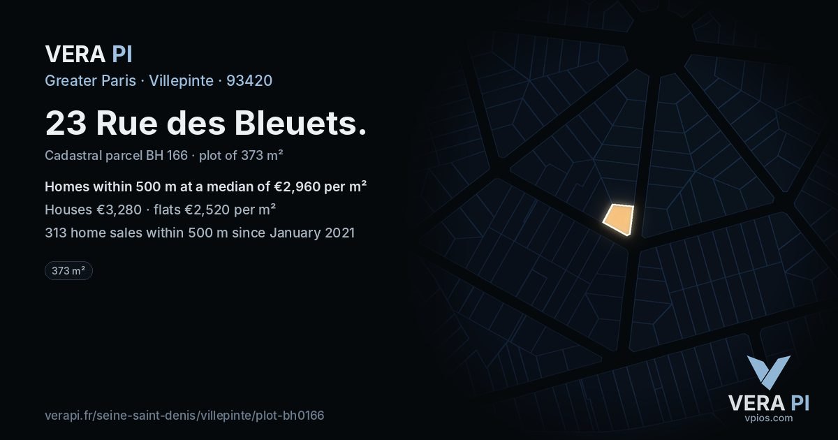 23 Rue des Bleuets, Villepinte at night – the plot lit, the parcels around coloured by the prices near them