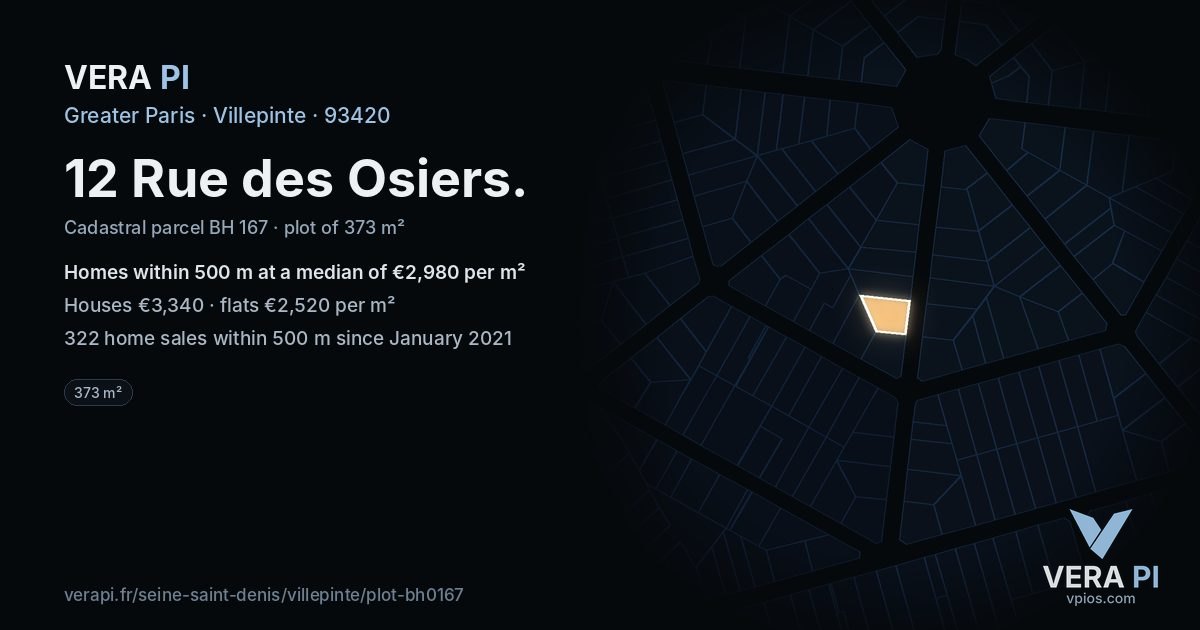 12 Rue des Osiers, Villepinte at night – the plot lit, the parcels around coloured by the prices near them
