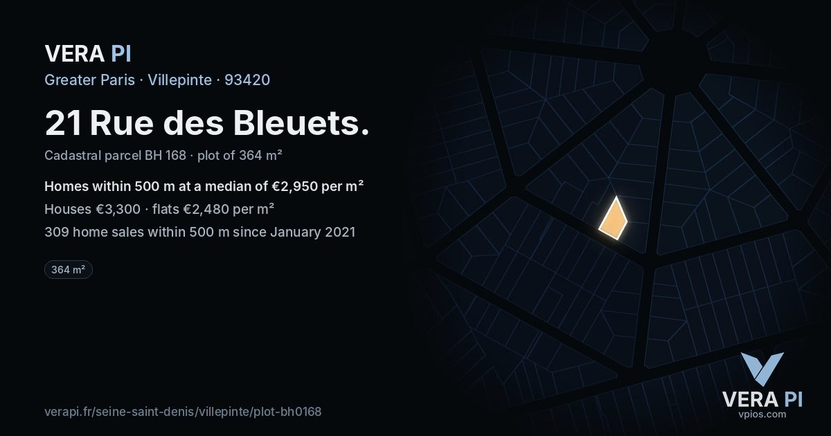 21 Rue des Bleuets, Villepinte at night – the plot lit, the parcels around coloured by the prices near them
