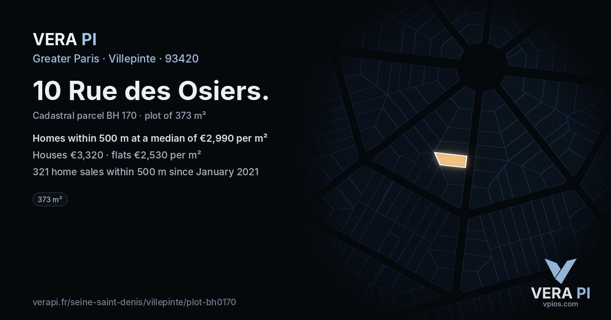 10 Rue des Osiers, Villepinte at night – the plot lit, the parcels around coloured by the prices near them
