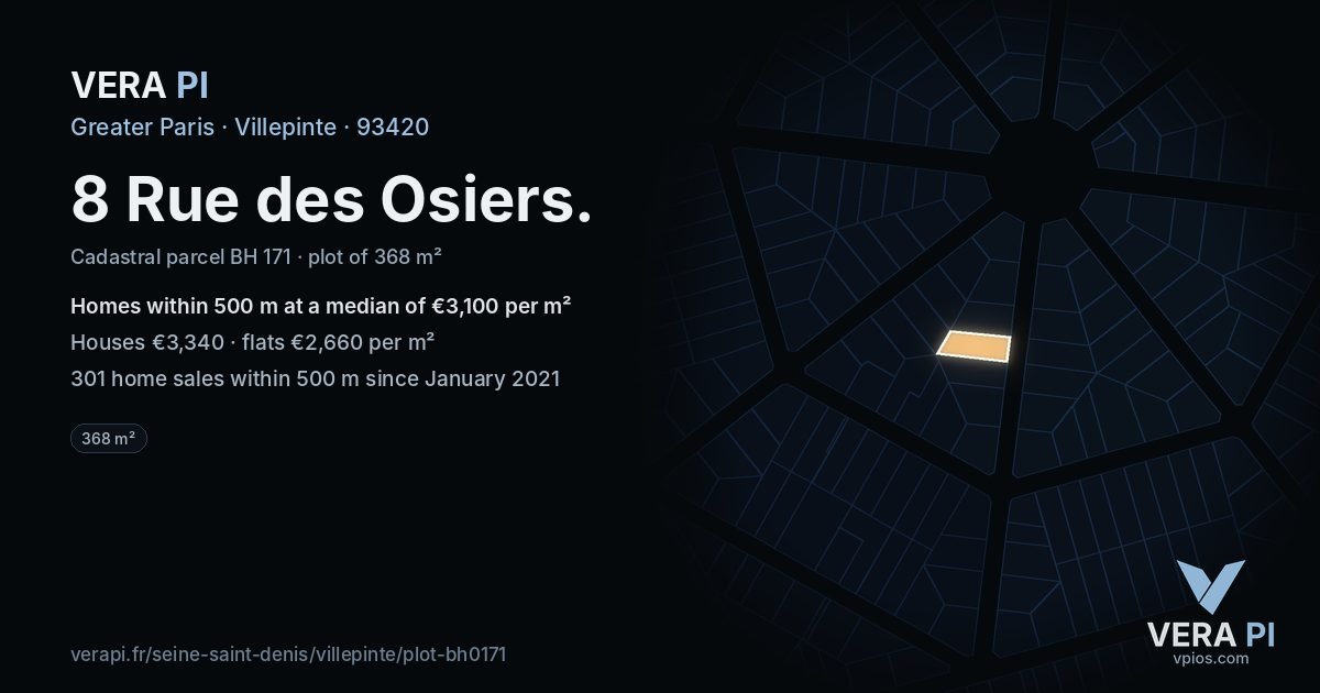 8 Rue des Osiers, Villepinte at night – the plot lit, the parcels around coloured by the prices near them