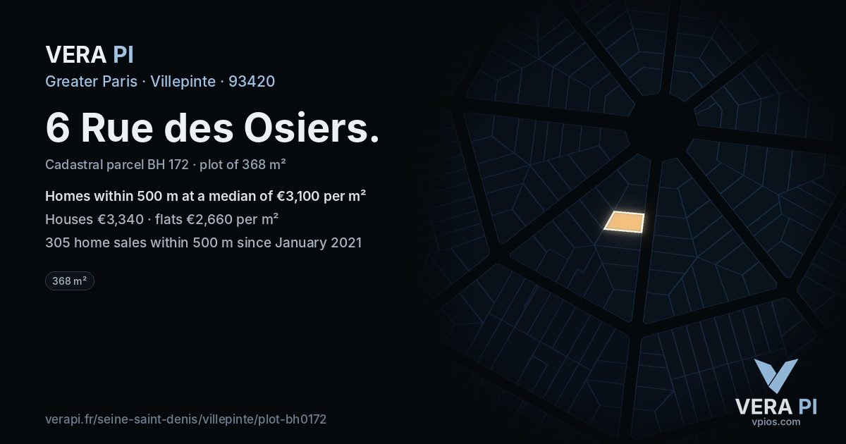 6 Rue des Osiers, Villepinte at night – the plot lit, the parcels around coloured by the prices near them