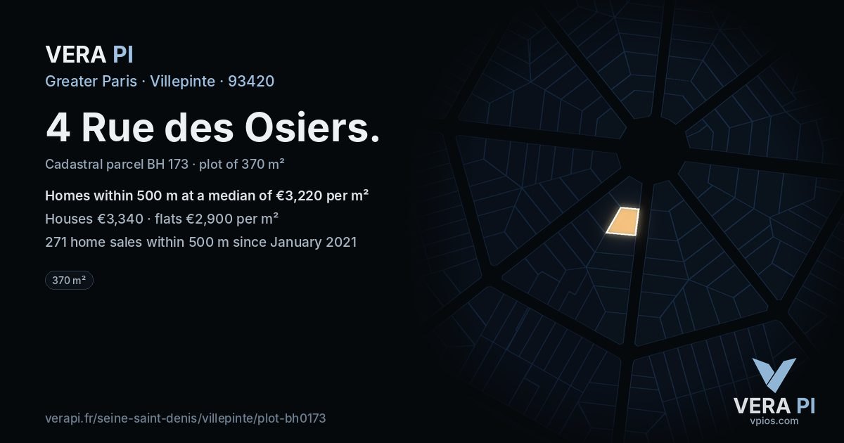 4 Rue des Osiers, Villepinte at night – the plot lit, the parcels around coloured by the prices near them