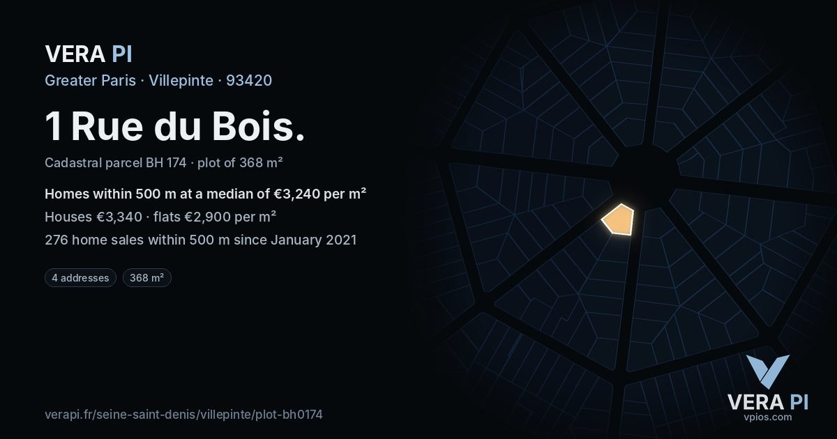 1 Rue du Bois, Villepinte at night – the plot lit, the parcels around coloured by the prices near them