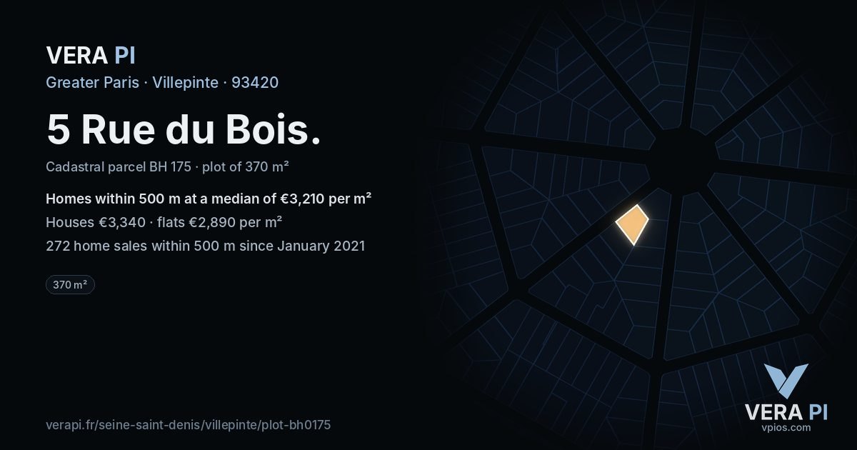 5 Rue du Bois, Villepinte at night – the plot lit, the parcels around coloured by the prices near them