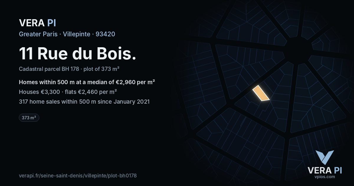 11 Rue du Bois, Villepinte at night – the plot lit, the parcels around coloured by the prices near them