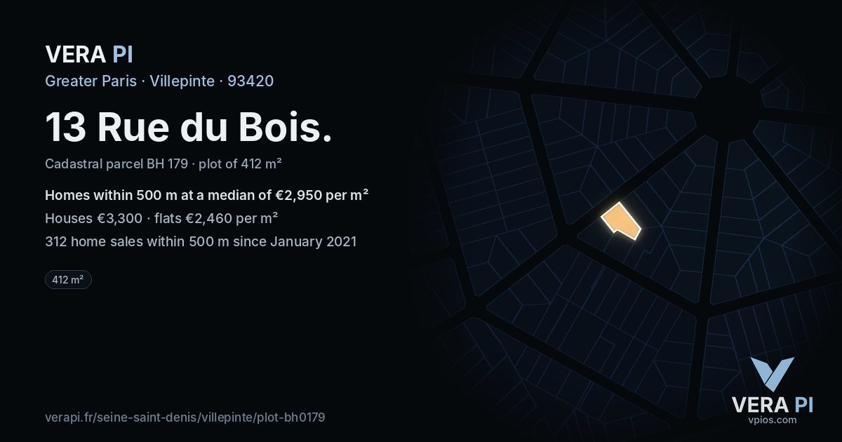 13 Rue du Bois, Villepinte at night – the plot lit, the parcels around coloured by the prices near them