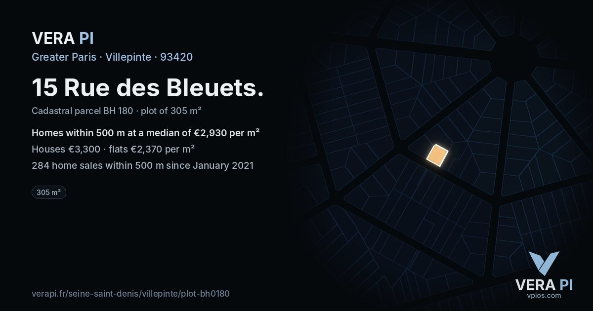 15 Rue des Bleuets, Villepinte at night – the plot lit, the parcels around coloured by the prices near them