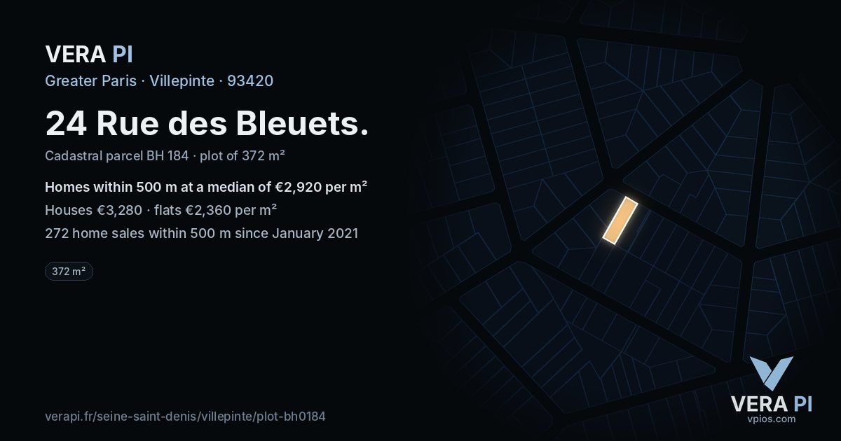 24 Rue des Bleuets, Villepinte at night – the plot lit, the parcels around coloured by the prices near them