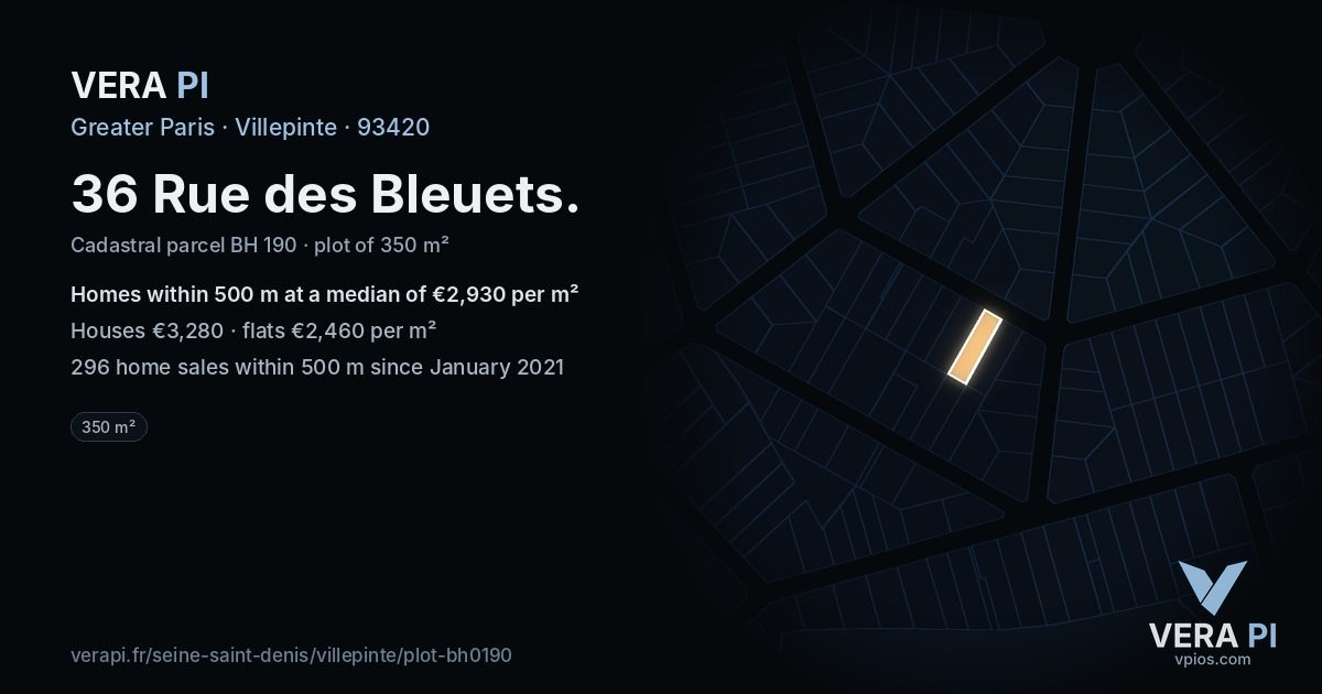 36 Rue des Bleuets, Villepinte at night – the plot lit, the parcels around coloured by the prices near them