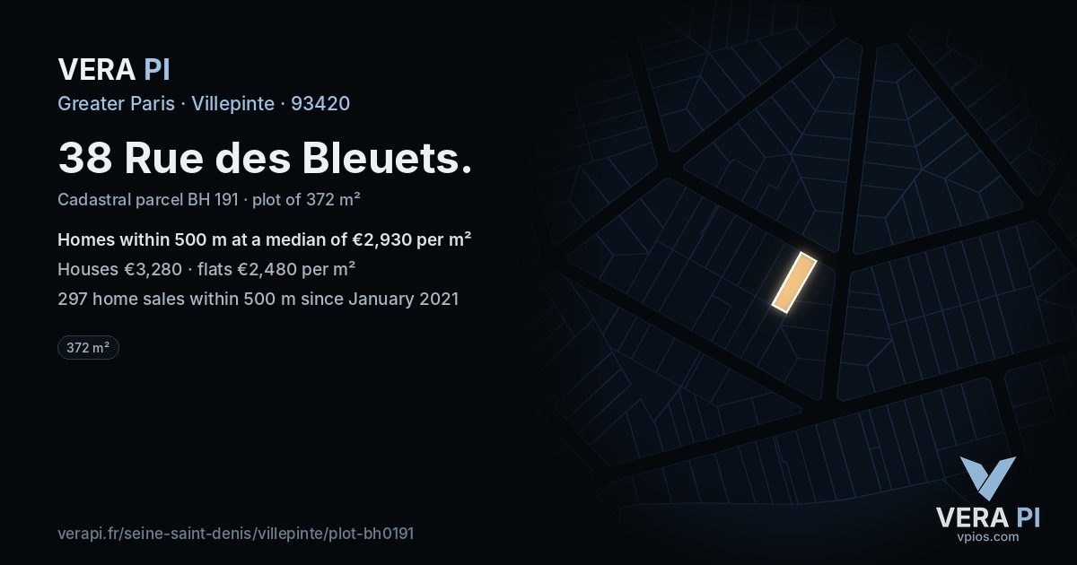 38 Rue des Bleuets, Villepinte at night – the plot lit, the parcels around coloured by the prices near them