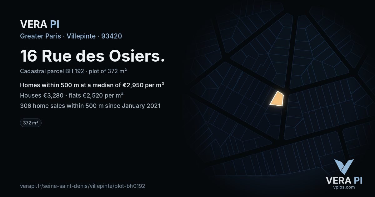 16 Rue des Osiers, Villepinte at night – the plot lit, the parcels around coloured by the prices near them