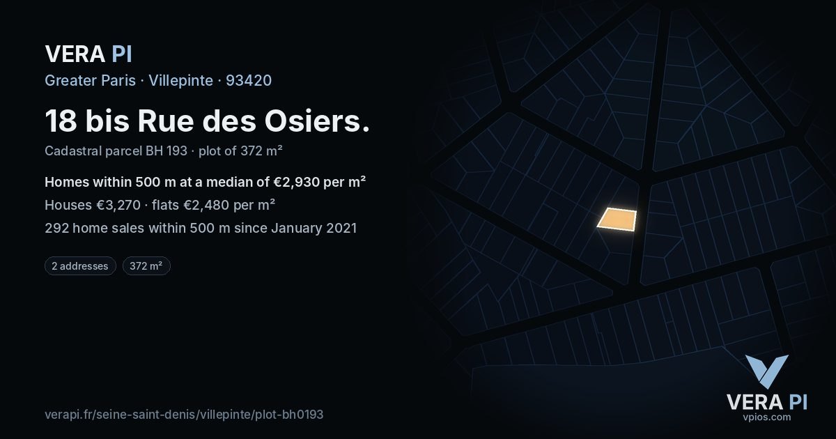 18 bis Rue des Osiers, Villepinte at night – the plot lit, the parcels around coloured by the prices near them