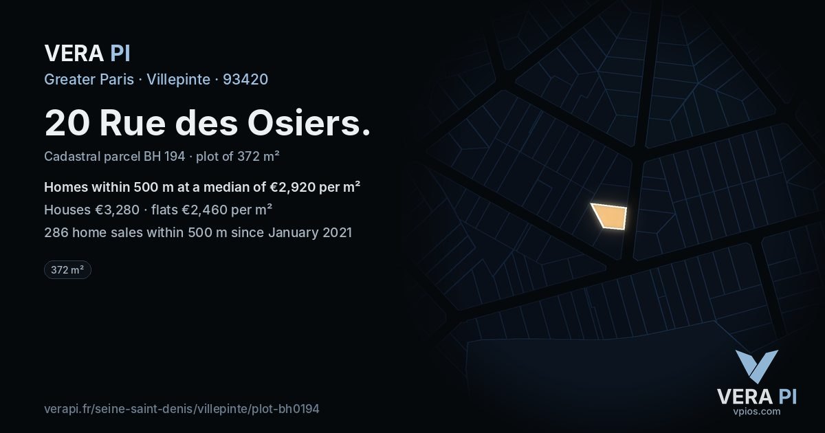 20 Rue des Osiers, Villepinte at night – the plot lit, the parcels around coloured by the prices near them