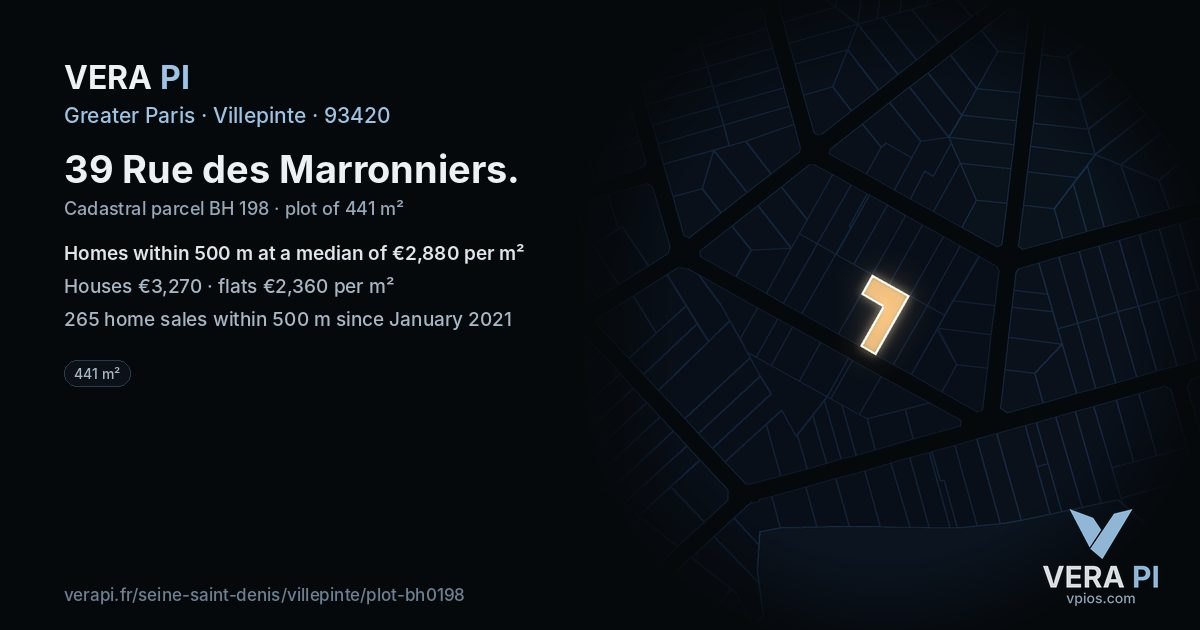 39 Rue des Marronniers, Villepinte at night – the plot lit, the parcels around coloured by the prices near them