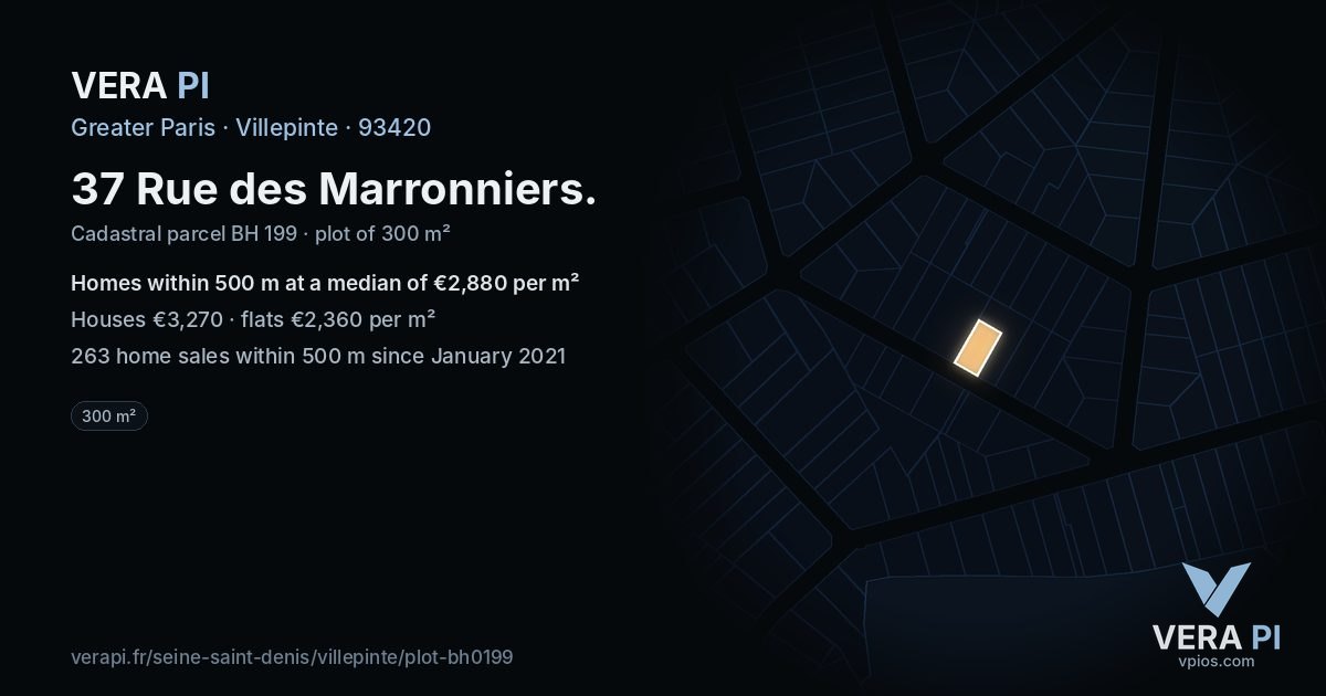 37 Rue des Marronniers, Villepinte at night – the plot lit, the parcels around coloured by the prices near them