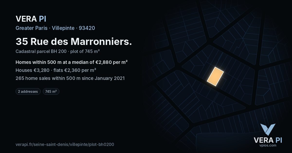 35 Rue des Marronniers, Villepinte at night – the plot lit, the parcels around coloured by the prices near them