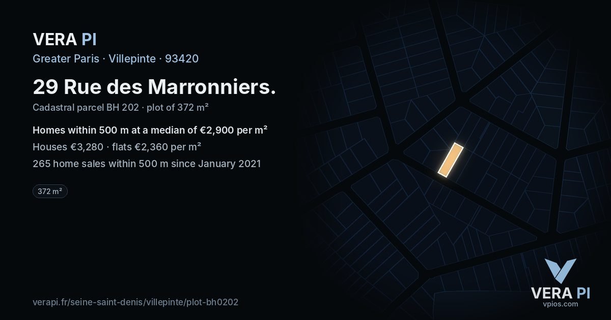 29 Rue des Marronniers, Villepinte at night – the plot lit, the parcels around coloured by the prices near them
