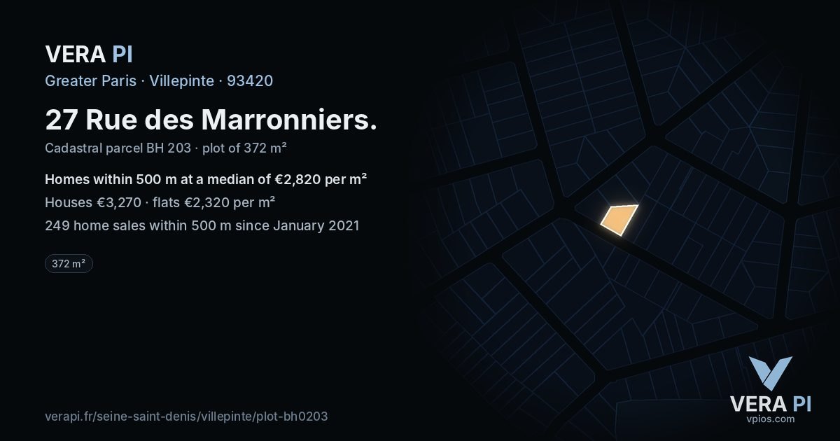 27 Rue des Marronniers, Villepinte at night – the plot lit, the parcels around coloured by the prices near them