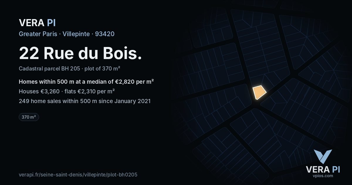 22 Rue du Bois, Villepinte at night – the plot lit, the parcels around coloured by the prices near them
