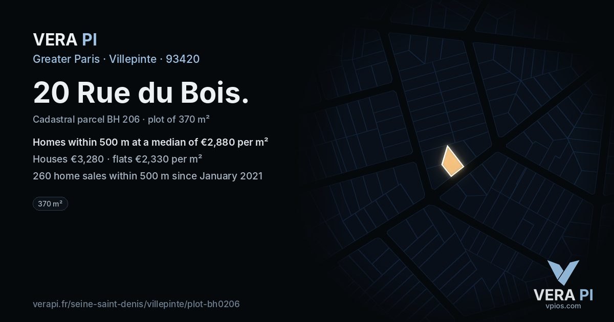 20 Rue du Bois, Villepinte at night – the plot lit, the parcels around coloured by the prices near them