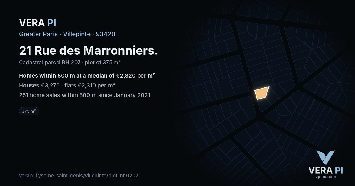 21 Rue des Marronniers, Villepinte at night – the plot lit, the parcels around coloured by the prices near them