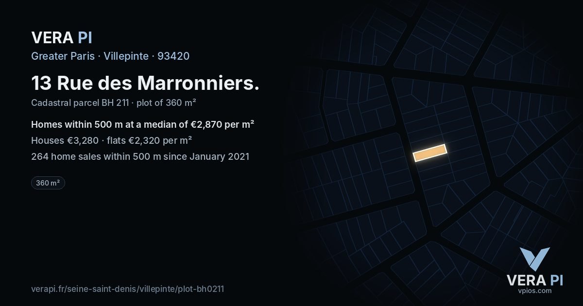 13 Rue des Marronniers, Villepinte at night – the plot lit, the parcels around coloured by the prices near them