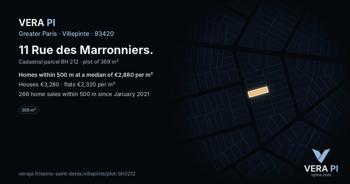 11 Rue des Marronniers, Villepinte at night – the plot lit, the parcels around coloured by the prices near them