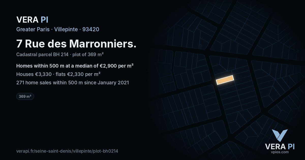 7 Rue des Marronniers, Villepinte at night – the plot lit, the parcels around coloured by the prices near them