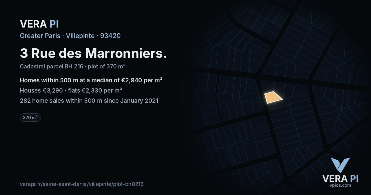 3 Rue des Marronniers, Villepinte at night – the plot lit, the parcels around coloured by the prices near them
