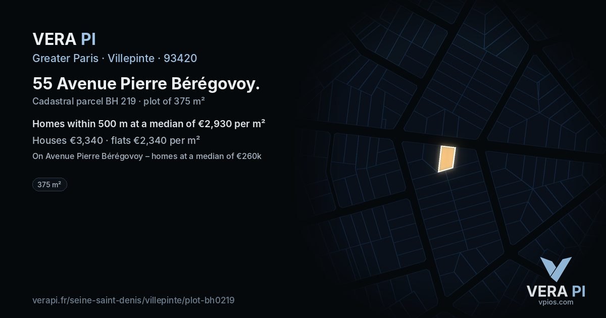 55 Avenue Pierre Bérégovoy, Villepinte at night – the plot lit, the parcels around coloured by the prices near them