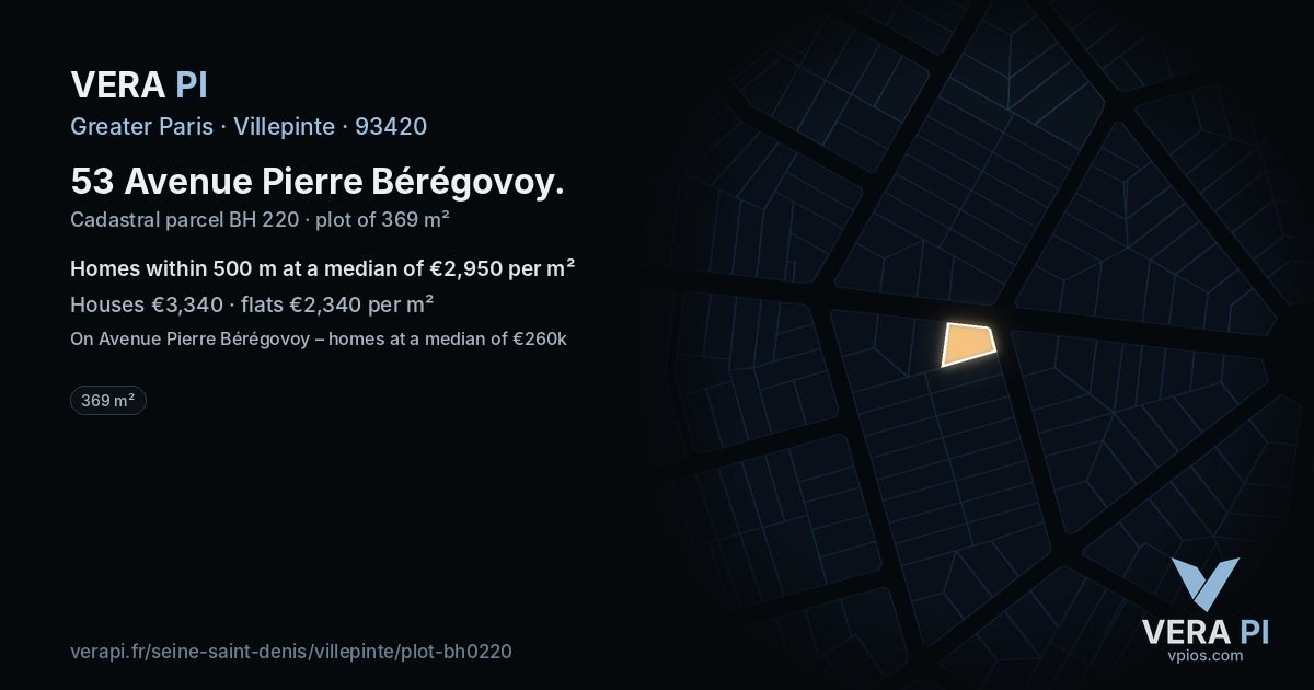 53 Avenue Pierre Bérégovoy, Villepinte at night – the plot lit, the parcels around coloured by the prices near them