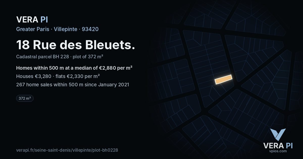 18 Rue des Bleuets, Villepinte at night – the plot lit, the parcels around coloured by the prices near them