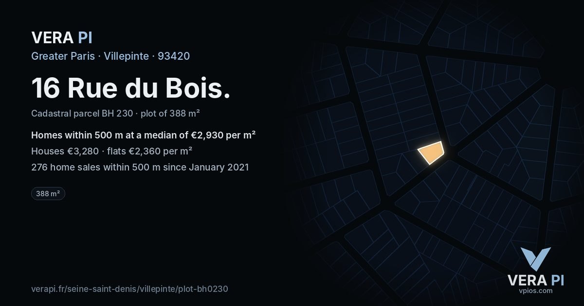 16 Rue du Bois, Villepinte at night – the plot lit, the parcels around coloured by the prices near them
