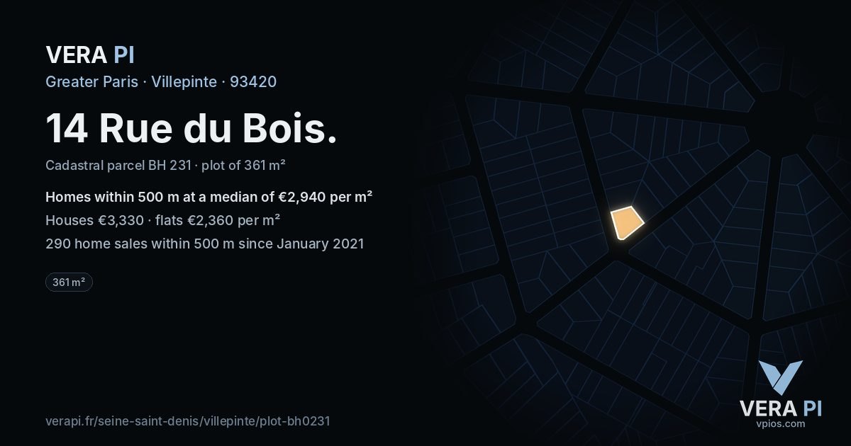 14 Rue du Bois, Villepinte at night – the plot lit, the parcels around coloured by the prices near them