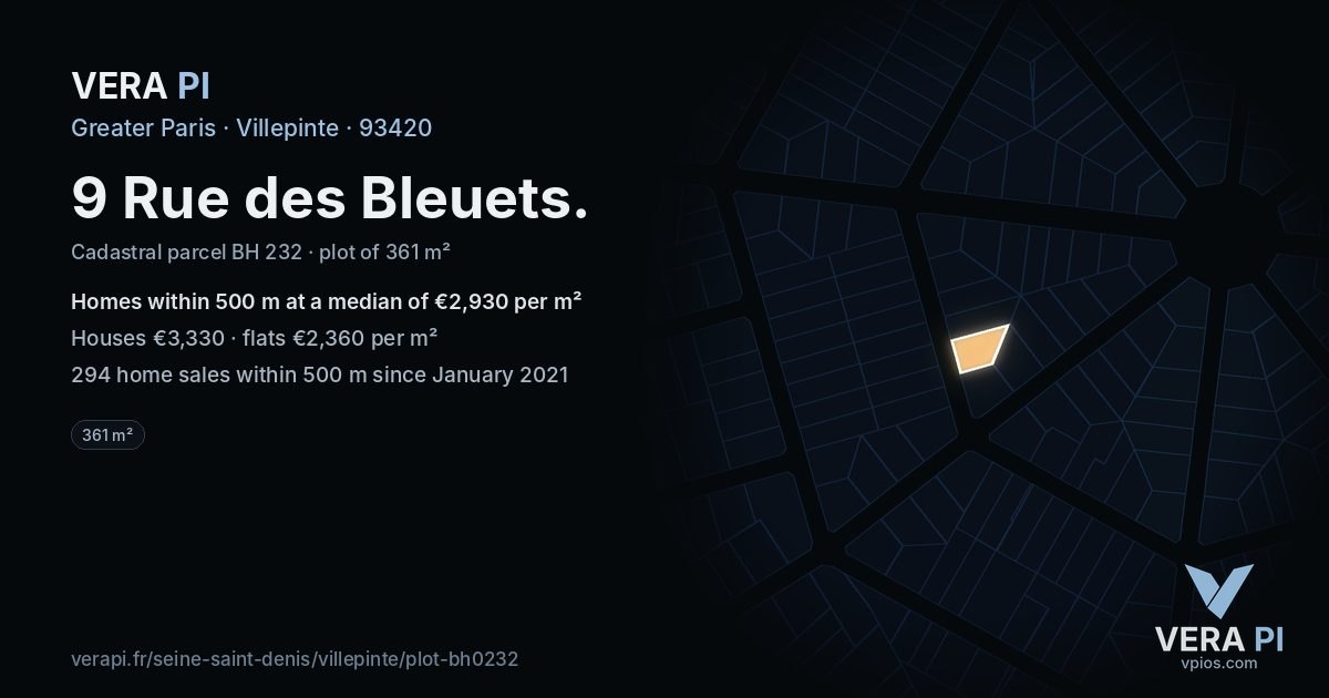 9 Rue des Bleuets, Villepinte at night – the plot lit, the parcels around coloured by the prices near them