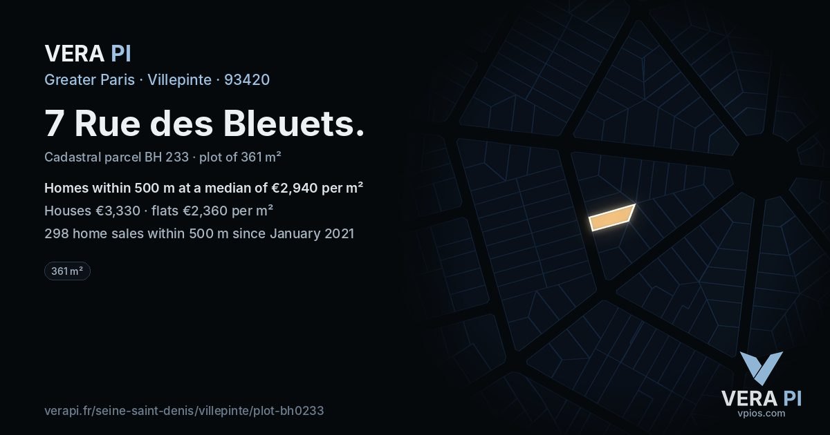 7 Rue des Bleuets, Villepinte at night – the plot lit, the parcels around coloured by the prices near them