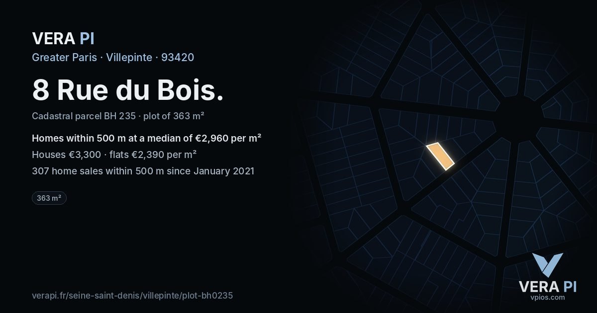 8 Rue du Bois, Villepinte at night – the plot lit, the parcels around coloured by the prices near them