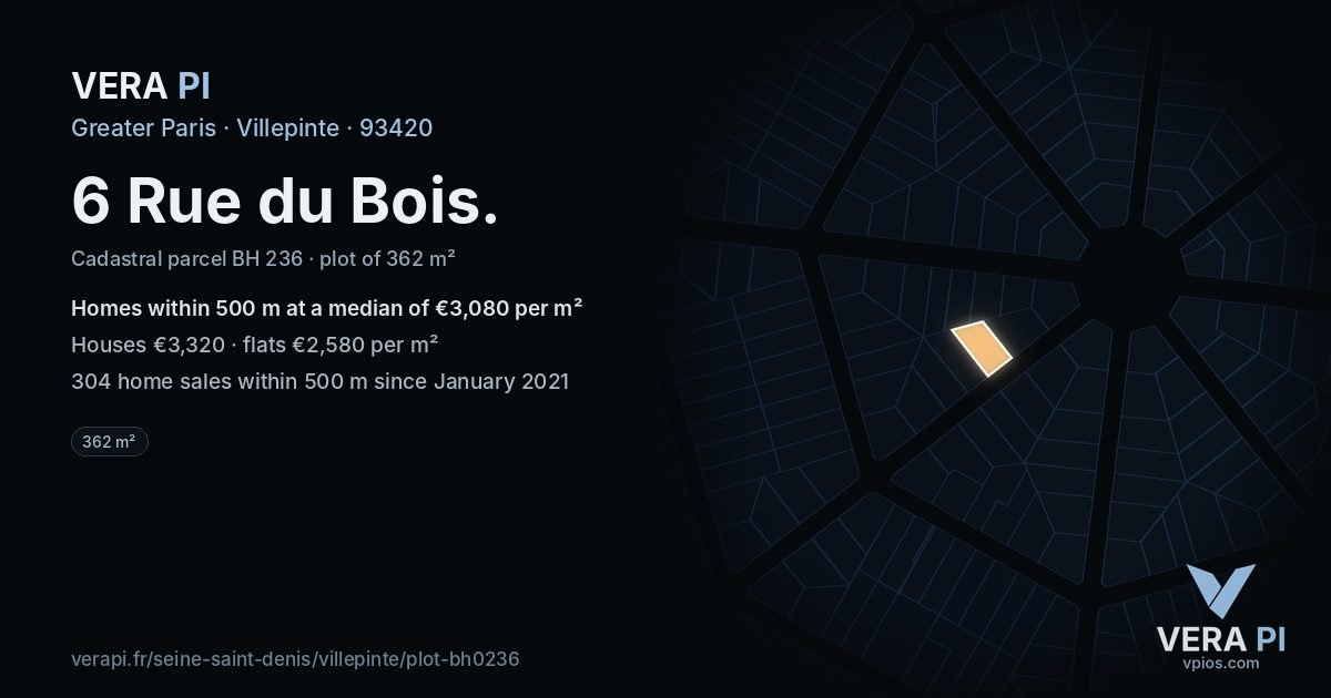 6 Rue du Bois, Villepinte at night – the plot lit, the parcels around coloured by the prices near them