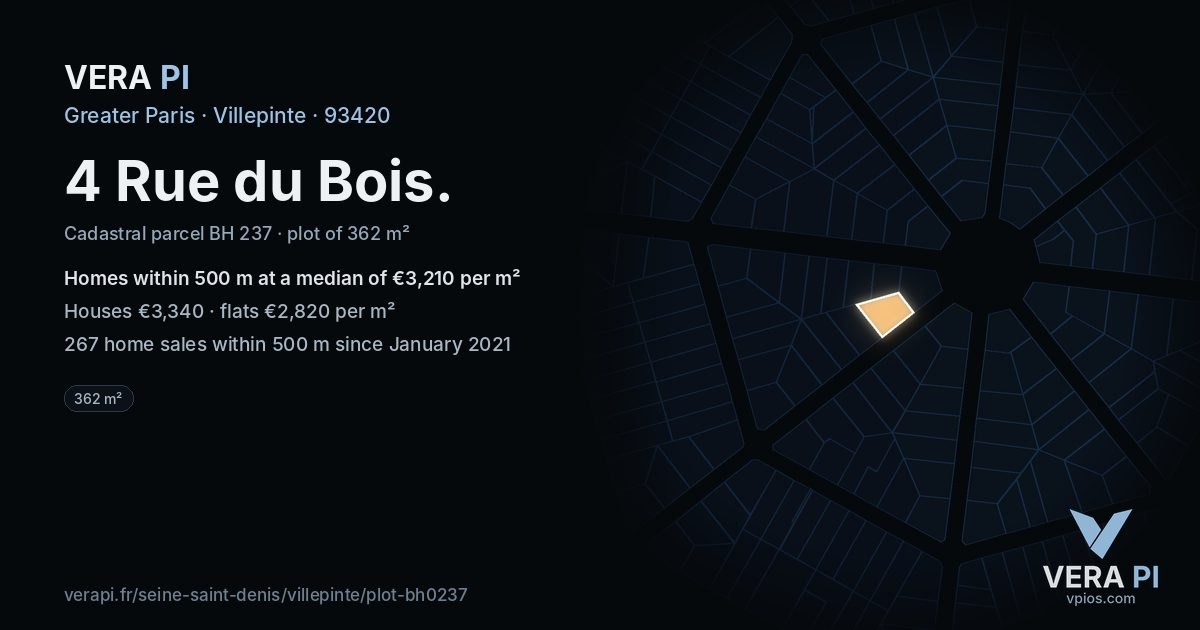 4 Rue du Bois, Villepinte at night – the plot lit, the parcels around coloured by the prices near them