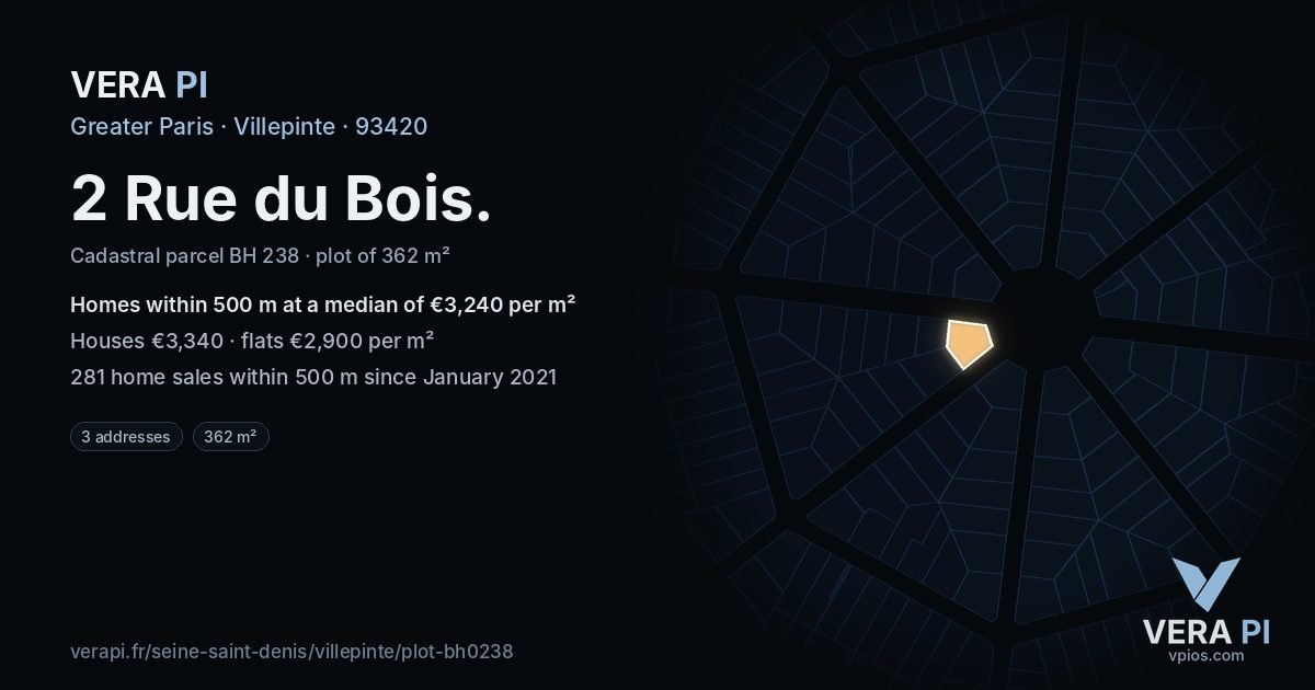 2 Rue du Bois, Villepinte at night – the plot lit, the parcels around coloured by the prices near them
