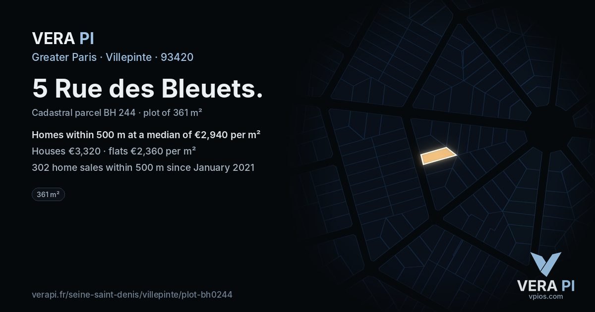 5 Rue des Bleuets, Villepinte at night – the plot lit, the parcels around coloured by the prices near them