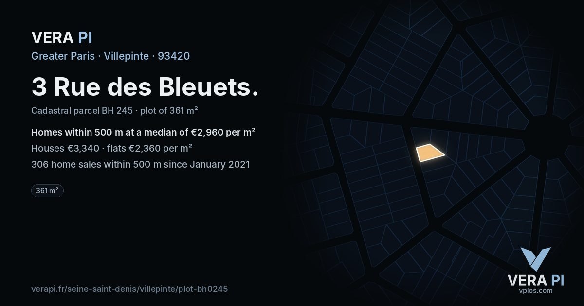 3 Rue des Bleuets, Villepinte at night – the plot lit, the parcels around coloured by the prices near them