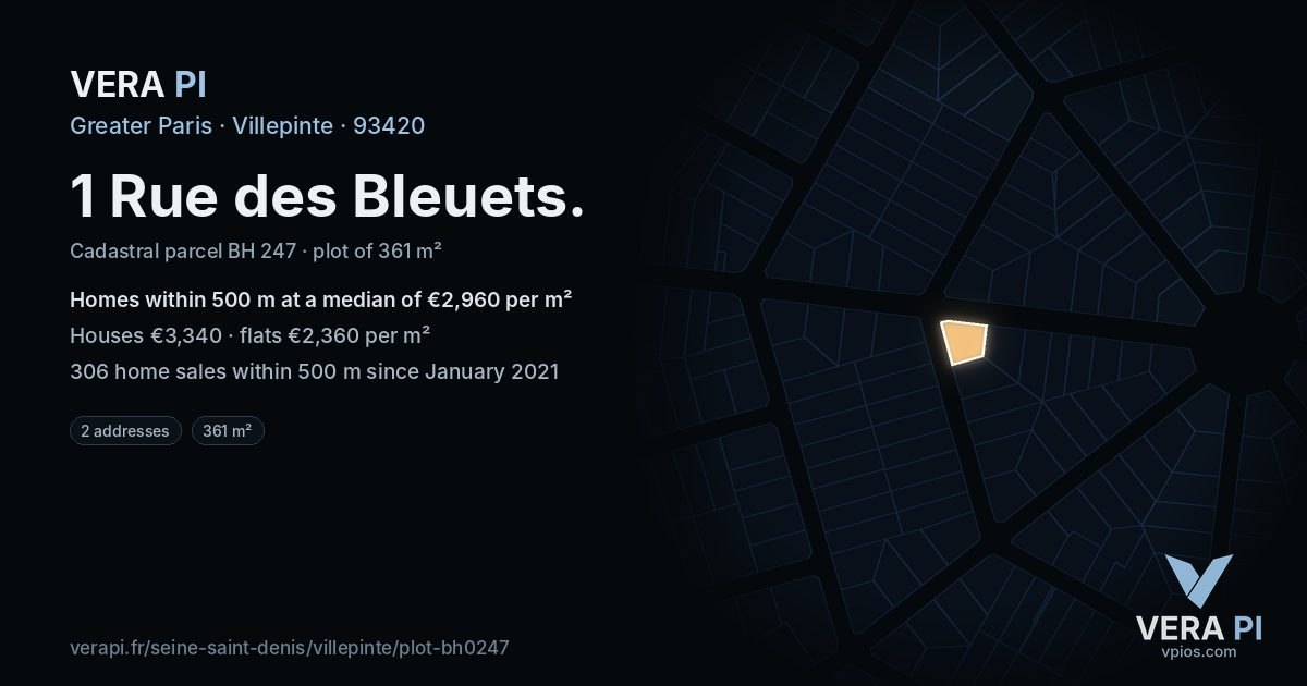 1 Rue des Bleuets, Villepinte at night – the plot lit, the parcels around coloured by the prices near them
